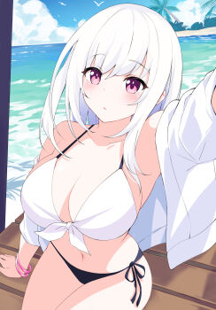 1girl absurdres arm_at_side arm_up armpits bare_shoulders beach bikini black_bikini blue_sky blush breasts cleavage cloud collarbone commentary_request cowboy_shot day front-tie_bikini_top front-tie_top highres jacket jacket_partially_removed large_breasts light_blush long_hair looking_at_viewer navel ocean open_clothes open_jacket original outstretched_arm oywj parted_lips pink_eyes side-tie_bikini_bottom sitting sky solo swimsuit water white_bikini white_hair white_jacket wristband