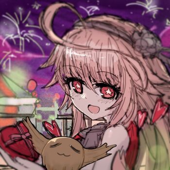 1girl :d absurdres aerial_fireworks ahoge bare_shoulders black_flower black_rose black_souls black_souls_2 box carnival fireworks flower from_side hair_between_eyes hair_flower hair_ornament heart-shaped_box highres long_hair looking_at_viewer looking_to_the_side night open_mouth outdoors pink_hair prickett_(black_souls) red_eyes rose smile solo star-shaped_pupils star_(symbol) symbol-shaped_pupils upper_body wings xun_lin_(pixiv_93392103)