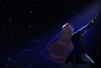 1girl armor attempted_suicide black_gloves black_pants black_shirt blue_coat blue_jacket breastplate brown_hair closed_eyes coat constellation e.g.o_(project_moon) gloves highres holding holding_sword holding_weapon jacket kneeling limbus_company long_hair long_sleeves machi_002 night night_sky pants project_moon rapier rodion_(project_moon) seiza self-harm shirt sitting sky solo stab star_(sky) sword the_sword_sharpened_with_tears_(e.g.o) weapon