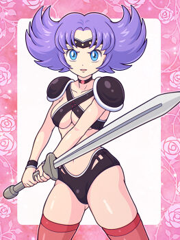 1girl armor bikini_armor black_choker blue_eyes border bracelet breasts choker collarbone commentary_request eyelashes haru_kanata highres holding holding_sword holding_weapon jewelry looking_at_viewer navel open_mouth outside_border parted_lips pink_border prime_rose purple_hair short_hair shoulder_armor solo spiked_hair studded_headband sword tachi_emiya thighhighs underboob weapon