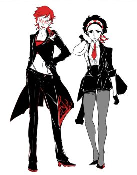 2girls adam_taurus bandana black_skirt collarbone curly_hair formal_clothes genderswap genderswap_(mtf) gloves hand_on_own_hip hei_junior_xiong high_heels holding holding_sword holding_weapon jacket junior_xiong looking_at_viewer mask multiple_girls navel necktie pants pantyhose pencil_skirt ponytail puffy_pants red_hair red_necktie reveriesky rwby short_ponytail simple_background skirt smile standing suit suspenders sword tank_top weapon white_background