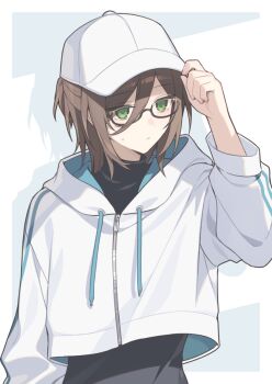 1girl arm_up baseball_cap black-framed_eyewear black_shirt brown_hair closed_mouth commentary_request drawstring drop_shadow glasses green_eyes grey_background hand_on_headwear hat hijiri_(resetter) hood hood_down hooded_jacket jacket long_sleeves nao_(hijiri) original puffy_long_sleeves puffy_sleeves semi-rimless_eyewear shirt small_sweatdrop solo sweat two-tone_background under-rim_eyewear upper_body white_background white_hat white_jacket