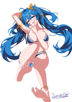 1girl absurdres ahoge alternate_costume arm_up armlet barefoot bikini blue_bikini blue_eyes blue_nails breasts chinese_commentary commentary_request dream.cat feet fingernails frilled_bikini frills hand_up highres iuno_(wuthering_waves) jewelry large_breasts laurel_crown light_blush long_fingernails long_hair looking_at_viewer multicolored_hair nail_polish open_mouth signature simple_background soles solo streaked_hair summercat swimsuit toenail_polish toenails toes twintails white_background wuthering_waves