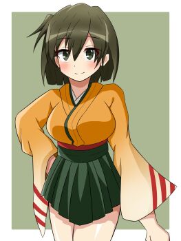 1girl blush breasts brown_eyes brown_hair green_hakama hakama hakama_short_skirt hakama_skirt highres hiryuu_(kancolle) japanese_clothes kantai_collection kimono large_breasts orange_kimono shiromizakanaaa short_hair side_ponytail skirt smile yellow_kimono