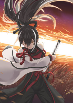 1girl black_hair commentary_request dated fate/grand_order fate_(series) highres holding holding_sheath holding_sword holding_weapon imp6603 japanese_clothes kawakami_gensai_(fate) kawakami_gensai_(first_ascension)_(fate) long_hair multicolored_hair ponytail sheath solo sword weapon wheat_field white_hair yellow_eyes