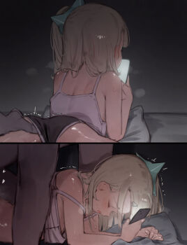 1boy 1girl 2koma black_shorts blush camisole cellphone closed_eyes comic dark-skinned_male dark_skin dolphin_shorts grabbing_another's_ass green_hair groping hair_ornament hetero highres holding holding_phone implied_sex loli motion_lines open_mouth out-of-frame_censoring phone pillow shorts silent_comic sunna_(zenless_zone_zero) sweat theflatfacadeds white_camisole zenless_zone_zero