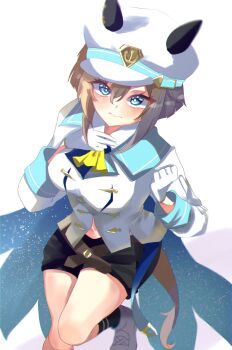 1girl animal_ears ascot black_shorts black_socks blue_cape blue_eyes blush breasts brown_hair cape cheval_grand_(grand_itineraire)_(umamusume) cheval_grand_(umamusume) closed_mouth commentary_request disney_o626 ear_covers ears_through_headwear gloves hair_between_eyes hat hat_belt highres horse_ears horse_girl horse_tail jacket large_breasts long_hair looking_at_viewer midriff_peek multicolored_hair navel peaked_cap shoes shorts simple_background socks solo streaked_hair tail umamusume white_gloves white_hair white_hat white_jacket yellow_ascot