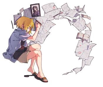 Rule 34 | 1boy, ahoge, black sandals, black shirt, blonde hair, closed eyes, collarbone, edward elric, full body, fullmetal alchemist, grey shorts, highres, holding, holding pen, male focus, notebook, paper, parted bangs, pen, photo (object), sandals, shirt, shirt under shirt, short hair, short sleeves, shorts, trisha elric, white background, yeknnnnn