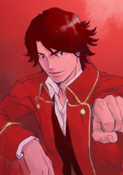 1boy black_vest brown_hair captain_marvelous clenched_hand jacket kabashima_yousuke kaizoku_sentai_gokaiger male_focus parted_lips red_background red_jacket shirt short_hair sketch solo super_sentai teeth upper_body vest white_shirt