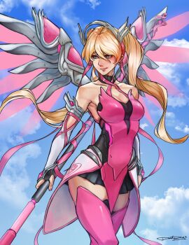 1girl absurdres black_skirt blonde_hair blue_eyes boots breasts cleavage cloud commentary daniel_deng elbow_gloves energy_wings english_commentary fingerless_gloves flying gloves hair_between_eyes highres looking_down medium_breasts mercy_(overwatch) official_alternate_costume overwatch overwatch_1 pink_mercy science_fiction signature skirt sky solo thigh_boots thighhighs twintails