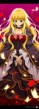 1girl alternate_hairstyle arms_in_front beatrice_(umineko) blonde_hair blue_eyes bow breasts bug butterfly cleavage collarbone colored_eyelashes dress eyelashes female_focus hair_down highres insect jewelry long_hair medium_breasts ornate_ring petals pink_bow reina_(black_spider) ribbon ring rose_petals solo umineko_no_naku_koro_ni v_arms wedding_ring