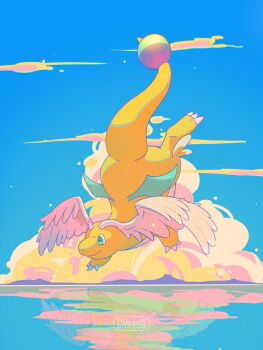 blue_sky claws closed_mouth cloud colored_skin commentary dragon dragonite feathered_wings flying full_body gen_1_pokemon green_eyes head_wings highres horns leg_wings mega_dragonite mega_pokemon milkshreds nintendo no_humans ocean orange_skin pokemon pokemon_(creature) pokemon_focus pokemon_legends:_z-a reflection reflective_liquid single_horn sky smile solo symbol-only_commentary tail water wings