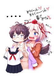 Rule 34 | ..., 1boy, 1girl, black hair, black sailor collar, black skirt, black wings, blue eyes, blush, cardigan, closed mouth, collared shirt, commentary request, cowboy shot, fang, feathered wings, frown, glasses, hands on another&#039;s shoulders, hat, heart, heart-shaped pupils, highres, holding, holding clothes, holding shirt, ichinose sora, indie virtual youtuber, japanese clothes, kimono, looking at another, mahjong soul, mayutai, medium bangs, neckerchief, open mouth, orange kimono, pink cardigan, pleated skirt, red hat, red neckerchief, round eyewear, sailor collar, school uniform, seigaiha, semi-rimless eyewear, senba kurono, serafuku, shirt, short hair, simple background, skirt, smile, symbol-shaped pupils, tokin hat, translation request, virtual youtuber, white background, white hair, white shirt, wings