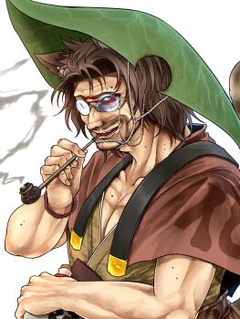 1boy animal_ear_fluff animal_ears beard brown_hair brown_shirt commentary_request facial_hair futatsuiwa_mamizou genderswap genderswap_(ftm) glasses highres kiseru leaf_hat looking_at_viewer male_focus mature_male mole mole_on_arm open_mouth pectoral_cleavage pectorals pince-nez raccoon_boy raccoon_ears raccoon_tail rimless_eyewear round_eyewear ryuuichi_(f_dragon) shirt short_hair simple_background smile smoking smoking_pipe solo tail touhou upper_body white_background