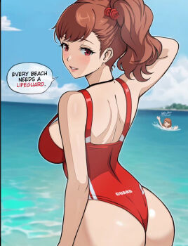 Rule 34 | 2girls, ai-assisted, alternate breast size, alternate costume, ass, back, beach, blush, curvy, flower, hair flower, hair ornament, highres, lepypepy, lifeguard, looking back, multiple girls, ocean, peril, persona, persona 3, persona 3 portable, red eyes, red hair, shiomi kotone, swimsuit, takeba yukari, thick thighs, thighs, whistle, whistle around neck