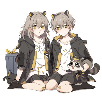 1boy 1girl :o aged_down animal_ear_hairband animal_ears black_hairband black_shorts black_skirt black_socks caelus_(honkai:_star_rail) cat commentary_request dual_persona fake_animal_ears hairband highres honkai:_star_rail honkai_(series) kneehighs parted_lips raccoon raccoon_ears rune_(rne_at) shorts simple_background sitting skirt socks stelle_(honkai:_star_rail) trailblazer_(honkai:_star_rail) trash_can white_background