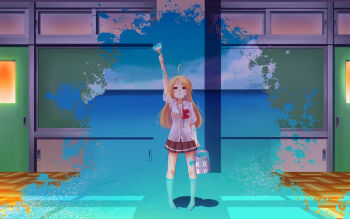 Rule 34 | 1girl, absurdres, ahoge, arm up, barefoot, basketweave, blonde hair, blue sky, breasts, bucket, chalkboard, classroom, cleavage, facing viewer, female focus, full body, grey eyes, highres, long hair, looking up, medium breasts, miniskirt, ocean, original, paint, paintbrush, partially submerged, skirt, sky, solo, standing, suzune kou, wading, wide shot, wooden floor