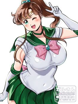 1girl bishoujo_senshi_sailor_moon bow breasts brown_hair elbow_gloves gloves green_eyes green_sailor_collar green_skirt highres kenken28937178 kino_makoto large_breasts long_hair looking_at_viewer one_eye_closed open_mouth ponytail sailor_collar sailor_jupiter sailor_senshi_uniform simple_background skirt smile solo v white_background white_gloves