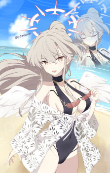 1girl absurdres angel_wings aviator_sunglasses beach black_one-piece_swimsuit blue_archive breasts brown-tinted_eyewear cleavage covered_navel earrings feathered_wings halo highres holding holding_removed_eyewear jewelry long_hair looking_at_viewer loose_jacket low_wings medium_breasts nagisa_(blue_archive) nagisa_(swimsuit)_(blue_archive) navel necklace ocean official_alternate_costume official_alternate_hairstyle one-piece_swimsuit outdoors ponytail sand sandals shore solo standing sunglasses swimsuit tinted_eyewear unworn_eyewear water white_wings wings ydayluca