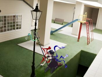 Rule 34 | 1girl, absurdres, antenna hair, arm support, arm up, asymmetrical wings, backrooms (creepypasta), bench, black dress, black hair, black thighhighs, brown shoes, closed mouth, commentary, dress, english commentary, from above, full body, grass, half-closed eyes, highres, holding, holding polearm, holding weapon, houjuu nue, indoors, kneeling, lamppost, light bulb, looking at object, looking up, nunue24, on floor, on ground, photo background, pillar, polearm, red eyes, shoes, short hair, short sleeves, slide, snake, solo, thighhighs, tongue, tongue out, touhou, weapon, wide shot, window, wings