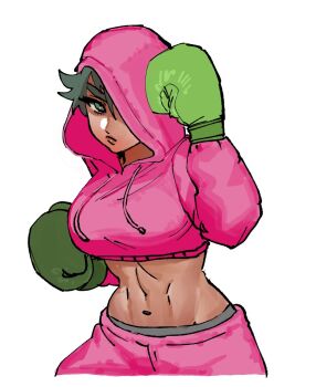 1girl boxing_gloves breasts cropped_hoodie dancho_no_mori dark-skinned_female dark_skin drawstring genderswap genderswap_(mtf) green_eyes green_hair hood hoodie large_breasts little_mac looking_at_viewer midriff navel nintendo pants punch-out!! solo sweatpants upper_body