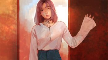 1girl angela_he black_shirt bob_cut brown_eyes cowboy_shot denim expressionless freckles hand_up highres jeans looking_at_viewer missed_messages neck_ribbon non-web_source official_art pants parted_lips pink_hair ribbon shirt shirt_tucked_in short_hair solo sweater undershirt white_sweater