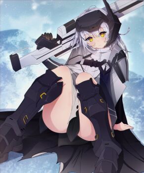 1girl armor armored_boots blush boots cloak closed_mouth dog_tags frown goddess_of_victory:_nikke hair_between_eyes highres holding holding_weapon knees_up long_hair looking_at_viewer lukyyuki mechanical_arms olo shoulder_armor single_mechanical_arm sitting snow_white_(nikke) torn_clothes visor_(armor) weapon white_cloak white_hair yellow_eyes