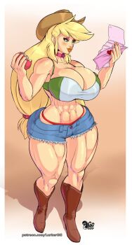 1girl apple applejack blonde_hair boots breasts choker cleavage cowboy_boots cowboy_hat curvy eyeshadow female_focus fingernails food freckles fruit full_body green_eyes hat heart highres huge_breasts letter lips long_fingernails long_hair lurkergg makeup muscular muscular_female my_little_pony my_little_pony:_friendship_is_magic personification short_shorts shorts solo thick_lips thick_thighs thighs very_long_hair wide_hips
