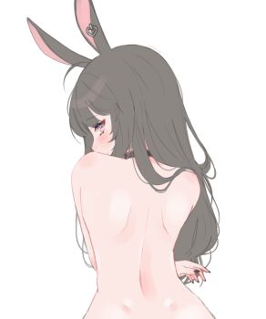 1girl absurdres animal_ears black_choker black_hair black_nails blush choker commentary dimples_of_venus earrings english_commentary fingernails from_behind heart heart_earrings highres jewelry loltinami long_hair looking_back median_furrow multicolored_eyes nail_polish nude profile rabbit_ears rabbit_girl self-portrait shoulder_blades simple_background single_earring solo tinami_(vtuber) turning_head two-tone_eyes upper_body vdonburi virtual_youtuber white_background