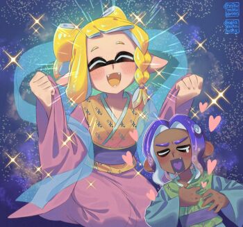 1boy 1girl ariamikukanzaki blonde_hair blue_hair blue_scarf bow-shaped_hair chinese_clothes commentary dark-skinned_male dark_skin eyebrow_cut fangs hand_on_own_chest hirooooo_(splatoon) inkling nintendo octoling pointy_ears scarf signature sitting sparkle splatoon_(series) splatoon_3 tentacle_hair veronika_(splatoon) very_dark_skin wide_sleeves yokozuwari