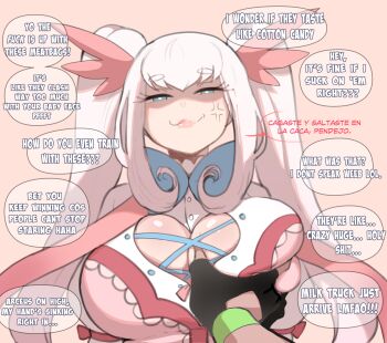 1boy 1girl anger_vein blue_eyes borrowed_character breasts claire_(kinkymation) cleavage cleavage_cutout clothing_cutout deep_skin english_text false_smile grabbing_another&#039;s_breast groping half-closed_eyes head_wings hetero high_collar highres huge_breasts instant_loss jitome looking_at_viewer nintendo nyantcha original pale_skin pokemon pov pov_hands profanity shaded_face short_eyebrows smile spanish_text speech_bubble twintails white_hair wings