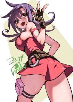 1girl bare_shoulders black_gloves breasts cowboy_shot dress duel_masters fingerless_gloves from_behind gloves large_breasts long_hair open_mouth purple_eyes red_dress sideboob simple_background smile solo tasogare_mimi yoshikage_(yo4kage)