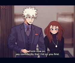 1boy 1girl bakugou_katsuki blonde_hair boku_no_hero_academia breasts brown_eyes brown_hair dimples ear_piercing earrings formal_clothes height_difference jewelry large_breasts medium_hair niverins piercing red_eyes spiked_hair uraraka_ochako