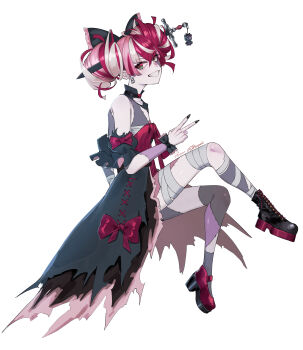 Rule 34 | 1girl, absurdres, ahoge, asymmetrical footwear, bandaged arm, bandaged leg, bandages, bare shoulders, black boots, black bow, black dress, blunt ends, boots, bow, breasts, chest sarashi, colored skin, commentary, diamond-shaped pupils, diamond (shape), double bun, dress, dress bow, eipanguino, full body, gradient eyes, green eyes, grey hair, grey skin, grin, hair bow, hair bun, heterochromia, highres, hololive, hololive indonesia, impaled, kureiji ollie, kureiji ollie (1st costume), lace-up boots, layered dress, long hair, looking at viewer, mary janes, mismatched footwear, mismatched pupils, multicolored eyes, multicolored hair, patchwork skin, pink hair, puffy short sleeves, puffy sleeves, red bow, red eyes, red hair, red shoes, sarashi, shoes, short sleeves, simple background, sitting, small breasts, smile, solo, stitched arm, stitched face, stitched leg, stitched torso, stitches, sword, symbol-shaped pupils, thighs, torn clothes, torn dress, v, virtual youtuber, weapon, white background, x-shaped pupils, yellow eyes, zombie