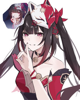 Rule 34 | 1girl, 961 kuru, bare shoulders, bell, black choker, black hair, choker, commentary request, detached sleeves, eidolon (honkai: star rail), fingernails, fox mask, fox shadow puppet, grin, hair bell, hair ornament, highres, honkai: star rail, honkai (series), long fingernails, looking at viewer, mark under both eyes, mask, mask on head, nail polish, neck bell, official art inset, pink eyes, red nails, reference inset, simple background, smile, sparkle (honkai: star rail), twintails, white background