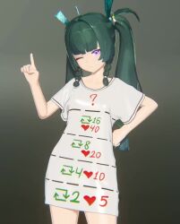 1girl 3d ? animated cowboy_shot cut-here_line cutting_clothes wagging_finger green_hair heart indexae like_and_retweet loli long_hair long_shirt multiple_drawing_challenge one_eye_closed purple_eyes qingyi_(zenless_zone_zero) retweet_(meme) retweet_icon shirt short_sleeves animated solo standing t-shirt thighs twintails twitter_strip_game very_long_hair video white_shirt zenless_zone_zero