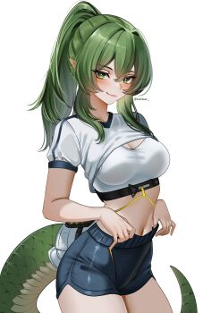 1girl absurdres arknights arknights:_endfield blue_shorts breasts bright_pupils cleavage clothes_lift commentary crossed_bangs double-parted_bangs fluorite_(arknights) green_eyes green_hair green_tail hair_between_eyes helldeer high-waist_shorts highres large_breasts long_hair looking_at_viewer midriff navel pointy_ears ponytail shirt shirt_lift short_shorts short_sleeves shorts sidelocks simple_background snake_girl snake_tail solo sports_bra tail white_background white_pupils white_shirt white_sports_bra