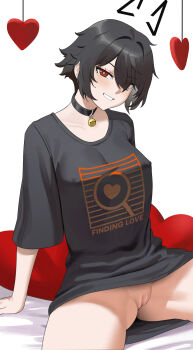 Rule 34 | 1girl, animal collar, bell, black hair, black shirt, bottomless, breasts, catherine (sedai), clothes writing, collar, eyebrows hidden by hair, from side, hair between eyes, hair over one eye, heart, heart-shaped pillow, highres, jingle bell, large breasts, neck bell, on bed, open mouth, original, pillow, pussy, red eyes, sedai, shirt, short hair, simple background, sitting, smile, solo, spread legs, white background