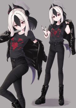 1girl \n/ absurdres alternate_costume black_boots black_hair black_horns black_pants black_shirt blue_archive boots bracelet bright_pupils closed_mouth commentary coralreef966 demon_horns demon_wings earclip eyelashes grey_background grey_halo hair_between_eyes halo headphones headphones_around_neck highres horns jacket jacket_on_shoulders jacket_partially_removed jewelry kayoko_(blue_archive) leather leather_boots leather_jacket multicolored_hair multiple_views pants ponytail red_eyes ring shirt single_wing smile two-tone_hair white_hair white_pupils wings
