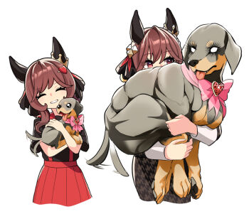 1girl age_progression animal animal_ears black_shirt black_skirt bow breasts brown_hair closed_eyes dog ear_covers eyelashes gentildonna_(umamusume) hair_between_eyes hair_ornament heart heart-shaped_ornament heart_ear_ornament holding holding_animal holding_dog horse_ears horse_girl long_hair nieto_tokage open_mouth pink_bow red_eyes red_skirt red_suspenders shirt simple_background skirt smile strong tail tail_wagging tongue tongue_out umamusume white_background