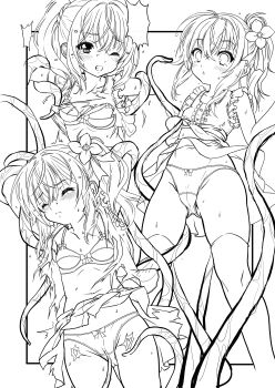 1girl absurdres arms_behind_head aroused bow bow_panties bra breasts cameltoe cleft_of_venus clenched_teeth closed_eyes clothes_lift commentary_request feet_out_of_frame flower frilled_shirt frills greyscale groping hair_flower hair_ornament heart highres imminent_rape miniskirt molestation monochrome multiple_views navel one_eye_closed original panties pussy restrained shirt shirt_lift skirt skirt_lift sleeveless small_breasts surprised sweat tears teeth tentacle_sex tentacles thighhighs thighs torn_clothes translation_request underwear undressing zen_usami