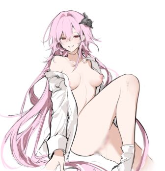 1girl blur_censor breasts censored commentary english_commentary evernight_(honkai:_star_rail) flower hair_flower hair_ornament highres honkai:_star_rail honkai_(series) long_hair looking_at_viewer march_7th_(honkai:_star_rail) medium_breasts naked_shirt nevercrymoon nipple_piercing nipple_rings nipples open_clothes open_shirt piercing pink_hair red_eyes ring_piercing shirt simple_background smile socks solo very_long_hair white_background white_shirt white_socks