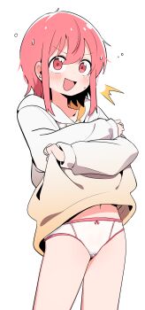 1girl :d absurdres blush bural_chingu cameltoe clothes_lift commentary cowboy_shot drawstring gradient_clothes gradient_hoodie highres hood hood_down hoodie hoodie_lift lee_ji-eun lifting_own_clothes luke_(dydansgur) medium_hair navel no_pants open_mouth panties pink_eyes pink_hair simple_background smile solo surprised underwear undressing white_background white_panties