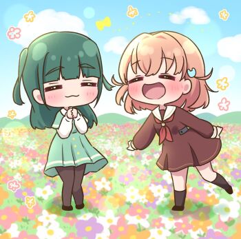 2girls :3 :d =_= black_pantyhose blue_sky blunt_bangs blush brown_dress closed_eyes closed_mouth cloud commentary_request day deformed dress flower_bed full_body green_dress green_hair hair_ornament hasu_no_sora_school_uniform highres hinoshita_kaho ikizulive!_love_live!_bluebird in-franchise_crossover layered_sleeves leg_up link!_like!_love_live! long_sleeves love_live! medium_hair multiple_girls neckerchief open_mouth orange_hair pantyhose pleated_dress rabbit_hair_ornament red_neckerchief ritaso sailor_collar sailor_dress school_uniform shirt short_dress short_over_long_sleeves short_sleeves sidelocks sky smile standing standing_on_one_leg two_side_up virtual_youtuber white_sailor_collar white_shirt winter_uniform yamada_midori