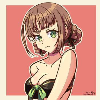 bare_shoulders bikini breasts brown_hair cleavage double_bun duvalie eiyuu_densetsu green_eyes hair_bun highres jokarioart medium_breasts pink_background sen_no_kiseki_(series) sen_no_kiseki_i strapless strapless_bikini swimsuit upper_body