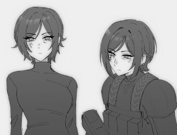 Rule 34 | 1girl, armor, black armor, dual persona, facial tattoo, gun, hashtag-only commentary, highres, holding, holding gun, holding weapon, lca (identity) (project moon), limbus company, monochrome, nicoccino0, outis (project moon), project moon, solo, sweater, tattoo, weapon