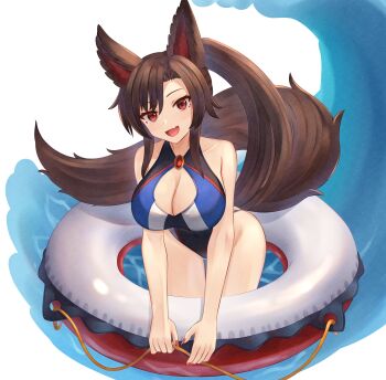 1girl absurdres alternate_hairstyle animal_ear_fluff animal_ears breasts brown_hair cleavage commentary_request fang fingernails highres imaizumi_kagerou looking_at_viewer mikotouca one-piece_swimsuit open_mouth pool red_nails skin_fang smile solo swimsuit tail touhou white_background wolf_ears wolf_girl wolf_tail