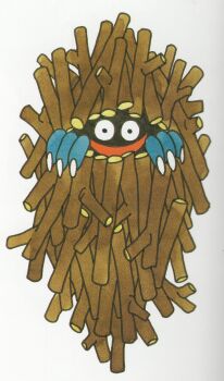 Rule 34 | :d, absurdres, bagworm (dragon quest), blue skin, colored skin, creature, creature focus, dragon quest, fingernails, highres, long fingernails, looking at viewer, no humans, official art, open mouth, scan, scan artifacts, sharp fingernails, smile, stick, third-party source, toriyama akira, white background