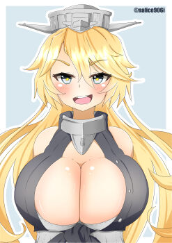 bare_shoulders blonde_hair blue_background blue_eyes blush breasts cleavage commentary_request corset crop_top front-tie_top grey_corset hair_between_eyes headgear highres huge_breasts iowa_(kancolle) kantai_collection long_hair looking_at_viewer nalice906i one-hour_drawing_challenge open_mouth shiny_skin smile star-shaped_pupils star_(symbol) symbol-shaped_pupils teeth upper_body upper_teeth_only