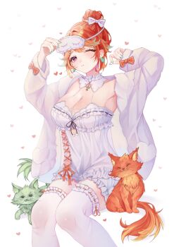 1girl absurdres babydoll breasts cat chemise chonkers_(takanashi_kiara) cleavage fluffy_clothes frilled_thighhighs frills fur_jacket green_hair hair_bun heart highres hololive hololive_english jacket lace-trimmed_nightgown large_breasts looking_at_viewer official_alternate_costume official_alternate_hairstyle one_eye_closed orange_hair purple_eyes pwequu simple_background sleep_mask smoothie_(takanashi_kiara) solo takanashi_kiara takanashi_kiara_(cozy) thighhighs virtual_youtuber white_babydoll white_background white_chemise white_thighhighs